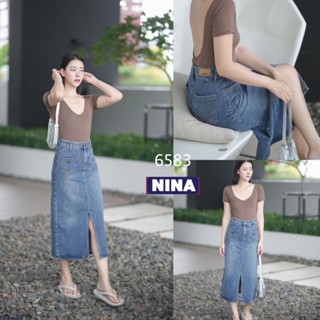 🌟STF_SHOP🌟#6583 กระโปรงยีนส์เอวสูงทรงสอบ ผ่าหน้า เก๋ๆ งานฟอกสีสนิมหน่อยๆ มีกระเป๋าหน้าปะ 2 ใบ