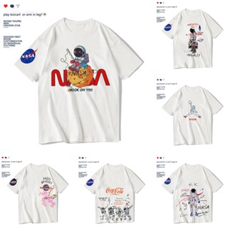 Tee เสื้อสีขาว เสื้อยืดสีขาวNasa เสื้อยืดลําลองแฟชั่นสําหรับ Unisex แขนสั้นคอกลมทรงหลวมขนาดพลัสS-5XL