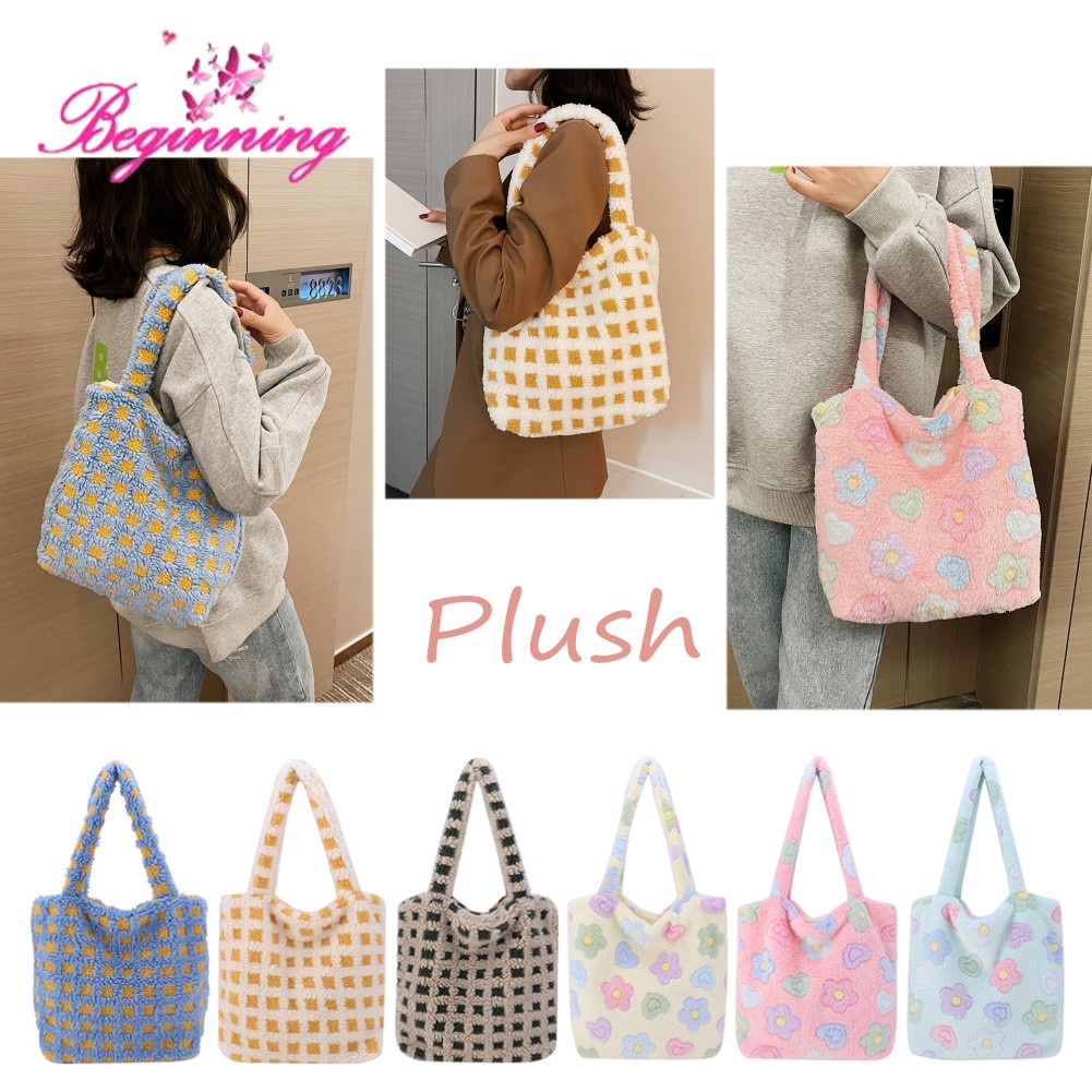 beginning ผู้หญิงPlushไหล่กระเป๋าถือฤดูใบไม้ร่วงฤดูหนาวFluffy Retro Top-Handleช้อปปิ้งกระเป๋า