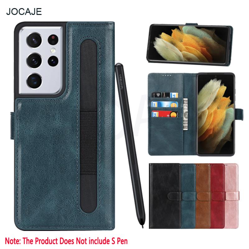 Flip Leather S Pen Slot Phone Case For Samsung Galaxy S21 Ultra Wallet Card Slot Stylus Pen Socket B