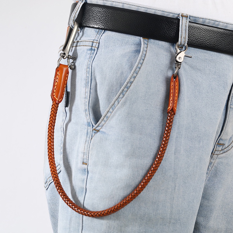 Hip Hop พวงกุญแจเอวหนัง Biker Chain สีน้ําตาลสี Rock Punk กางเกง Jean รถจักรยานยนต์ผู้ชายเครื่องประดับ Cross Braid กางเกงโซ่