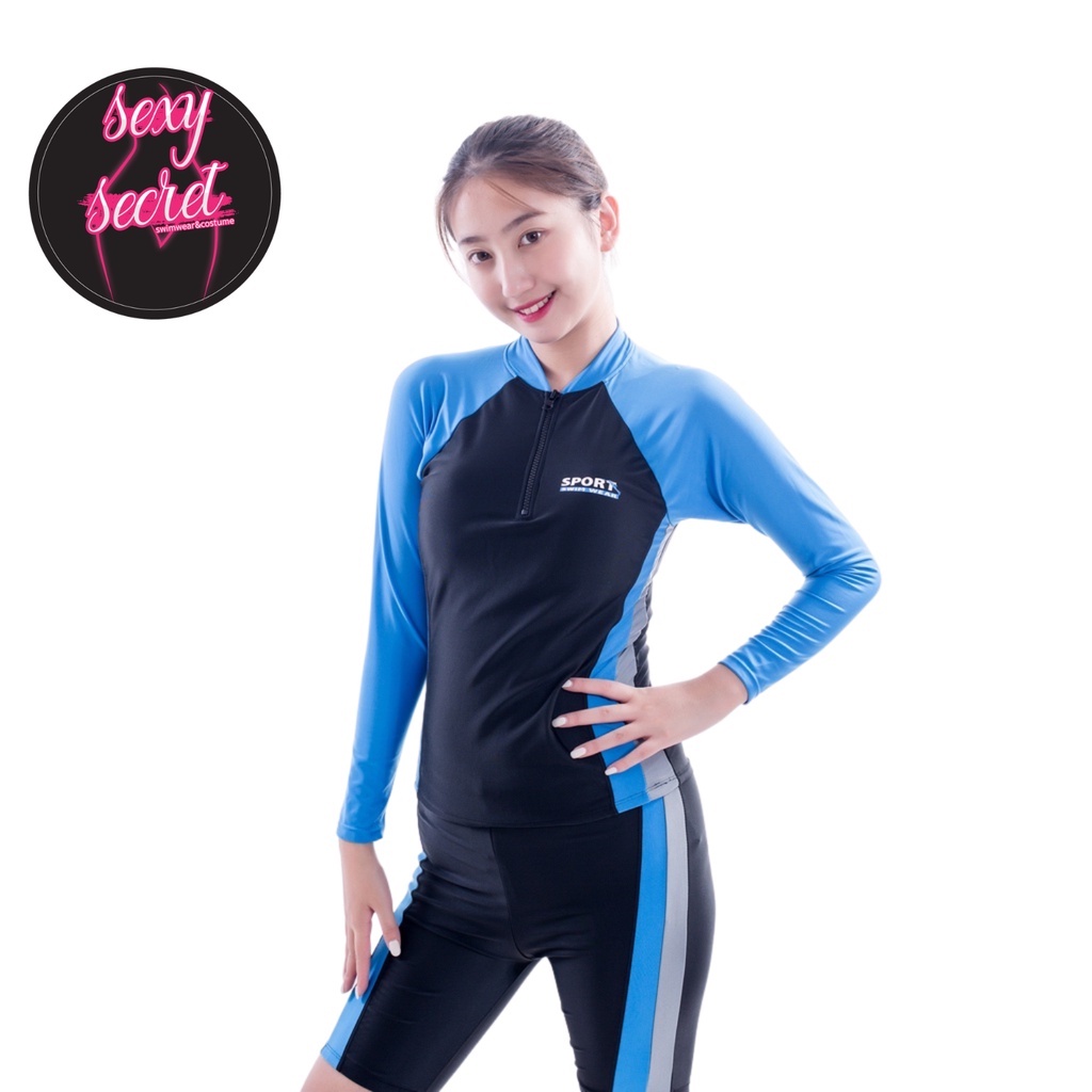 TBL ชุดว่ายแขนยาวกางเกงขาสั้น มีซิปที่คอ มีฟองน้ำที่หน้าอก กางเกงมีเชือก ใส่ได้ทั้งชายและหญิง รุ่น99