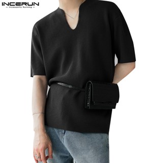 Incerun เสื้อยืดลําลอง แขนสั้น คอวี สีพื้น สําหรับผู้ชาย