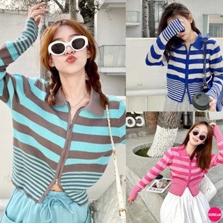 🎀Korean Fashion🎀เสื้อไหมพรมลายทางสีสวย แขนยาวคอปกซิปหน้า 5 สี