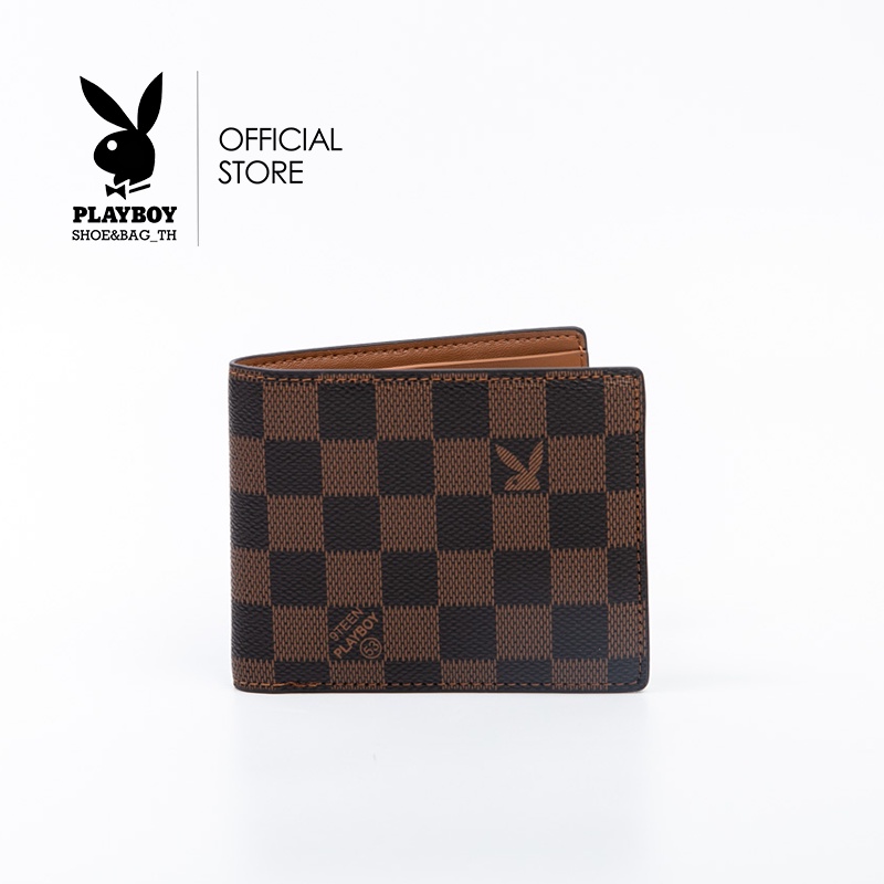 PLAYBOY กระเป๋าสตางค์ผู้ชาย ลิขสิทธิ์แท้รุ่น ST-WA244PBM072R-BR ดีไซน์ลายตารางหมากฮอต-สีน้ำตาล