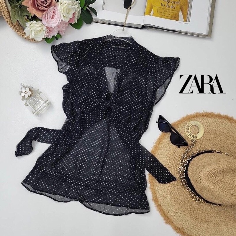 Zara TRF ชีฟองลายจุด ป้ายแคร์ตัด บางๆพริ้วๆ คอผูกโบว์  ใส่แมชได้หลายโอกาศ