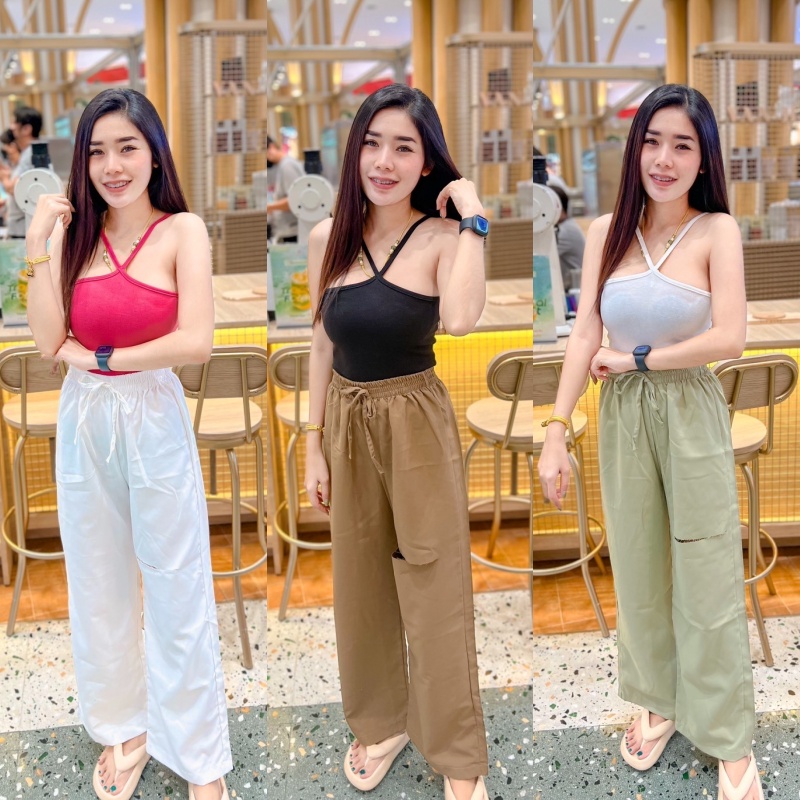 SpinnyHouse กางเกงขากระบอก เอวสูง ผ้าไมโครเนื้อดี+ครอปสายเดี่ยว งานตามหา ต้องจัด kfc กางเกง ไมโครขาดเข่า P402A