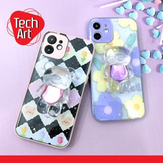 สำหรับ 7+ / 11 / 12 / 12promax เคสมือถือ TPU ขอบสี กันเลนส์กล้อง กากเพชรกริตเตอร์ ลายดอกไม้ ฟรี Griptok หมีสีใส