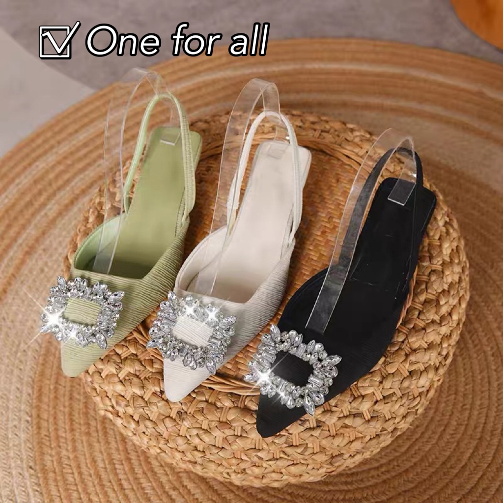 One for all พร้อมส่งจากไทย TX378 รองเท้าส้นสูง สูง2นิ้ว ปลายแหลม ประดับพลอยเทียม ทรงมุลเลอร์แฟชั่นสำหรับสตรี