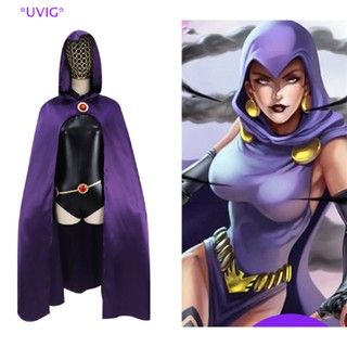 Uvig&gt; วัยรุ่น Titans ซูเปอร์ฮีโร่ Raven เครื่องแต่งกายคอสเพลย์บอดี้สูทมีฮู้ดเสื้อคลุมจั๊มสูทใหม่