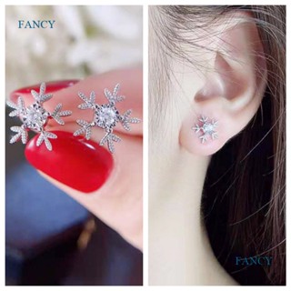 Fancyqube ต่างหูสตั๊ด รูปเกล็ดหิมะ สีเงิน เครื่องประดับแฟชั่นฤดูหนาว สําหรับผู้หญิง