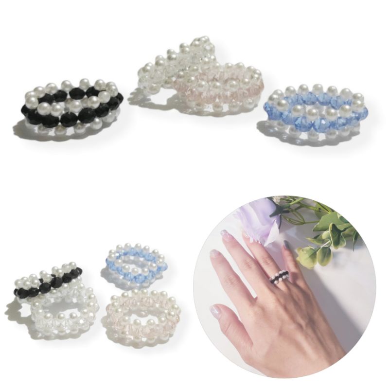 Glenda แหวนมงกุฎมุกคริสตัลสไตล์เกาหลีแหวนมุกเพชรทอความงาม