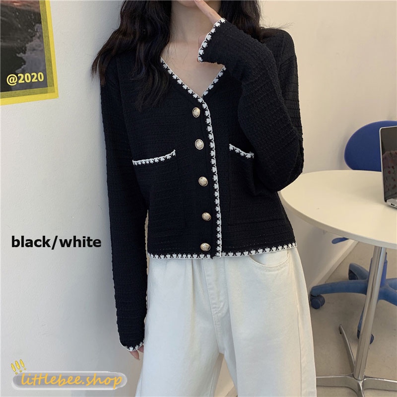 littlebee 261-2 เสื้อไหมพรมถัก แขนยาว มีกระเป่า 2 ข้าง กระดุมสีทอง งานสวย สไตล์ชาแนล สไตล์ลูกคุณหนู ผ้านิ่มใส่สบายมาก