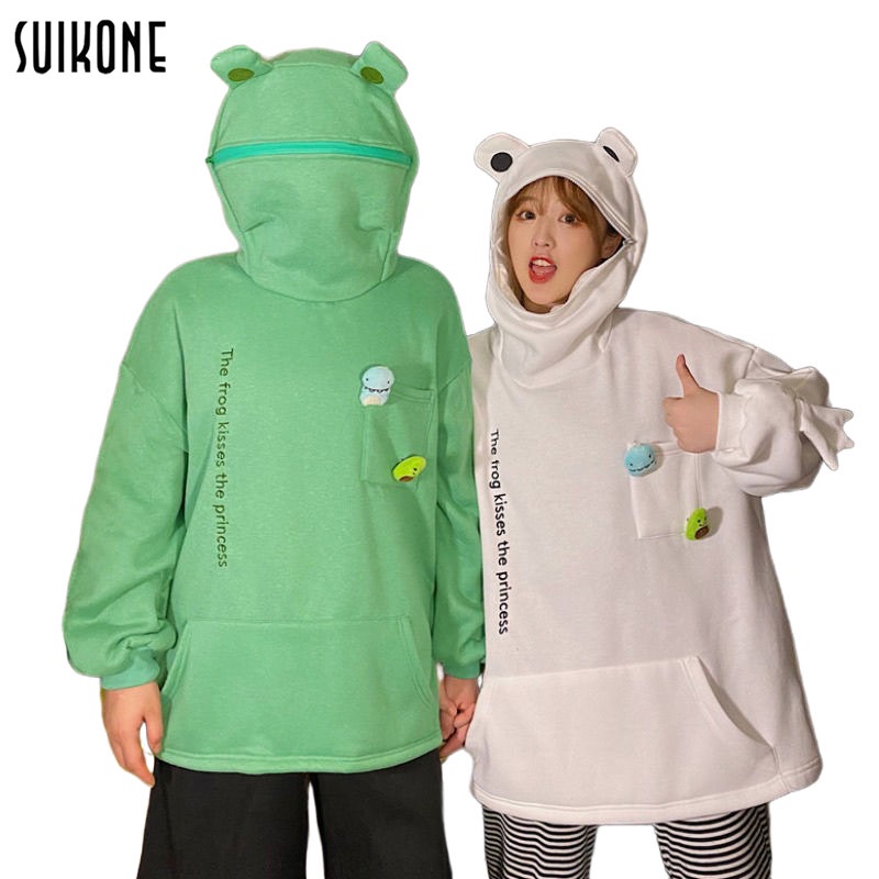 Suikone เสื้อสเวตเตอร์ผ้าฟลีซผู้ชายแบบหนามีฮู้ดลายการ์ตูนกบออกแบบเสื้อคู่เหมาะสำหรับสวมใส่ในฤดูใบไม้ร่วง