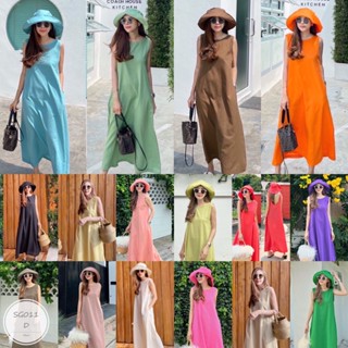 ST011  New Arrival  Linin rose dress  New !!! Maxi Dress เดรสยาว เว้าหลัง แขนกุด มีกระเป๋าข้างสองข้าง เนื้อผ้าลินินเนื้อ