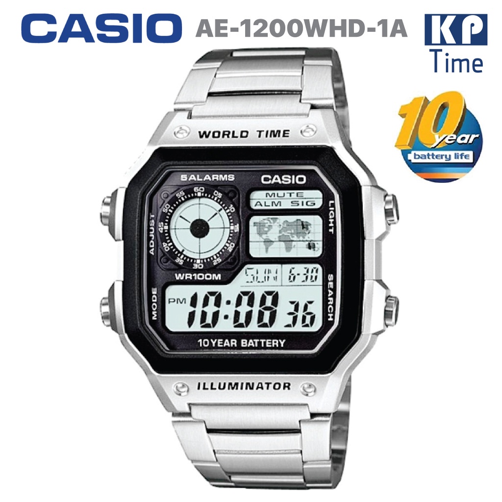 Casio แบตเตอรี่ 10 ปี นาฬิกาข้อมือผู้ชาย สายสแตนเลส รุ่น AE-1200WHD-1A ของแท้ประกันศูนย์ CMG