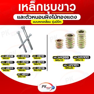 เหล็กชุบขาว + ตัวหนอนฝังไม้แบบหกเหลี่ยมใน มีปีก M6-M6x15