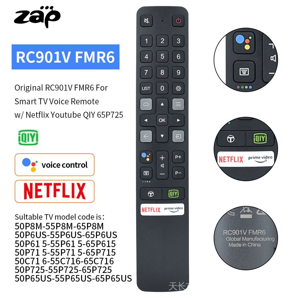 RC901V FMR6 เสียงสําหรับ TCL 55 นิ้ว 4K HDR Google TV Dolby Vision และเสียงแฮนด์ฟรีควบคุมเสียง (55P7