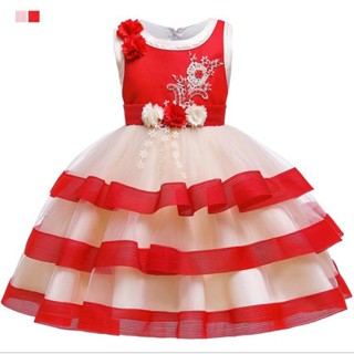 ชุดเด็ก : เดรสออกงาน สีชมพูแต่งลูกไม้กุหลาบ สีชมพู,แดง