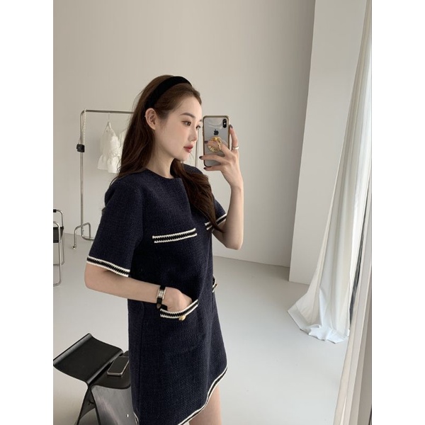 พร้อมส่ง2สี กรมท่าเข้ม ,ฟ้า เดรสสั้นผ้าทอ เดรสทำงาน D056 - รูปที่ 2