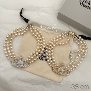 [ส่งฟรี] New Vivienne Westwood Three Row Pearl Bas Relief Choker