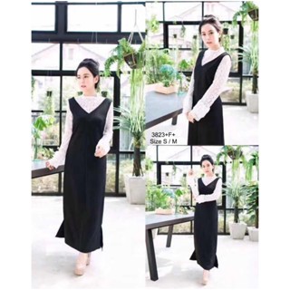 👗Pfashion [ส่งไว!!🚛] P3823 Set 2ชิ้น #แม็กซี่เดรสเอี๊ยม+เสื้อลูกไม้แขนยาว Set of 2 pieces #Maxi Bib Dress + Lo