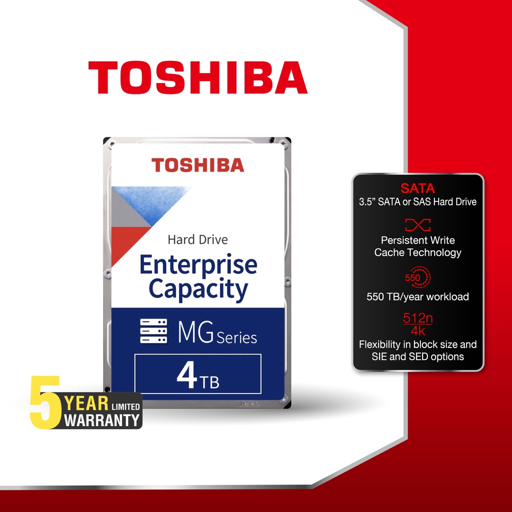 Toshiba INT HDD (4TB) Enterprise Capacity Hard Drive – MG Series 3.5" MG 7200rpm 256MB SATA