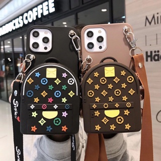 For iPhone 14 Plus 14 Pro MAX Luxury Backpack Coin Zipper Zero Wallet Bag Soft TPU Phone Case With Lanyard