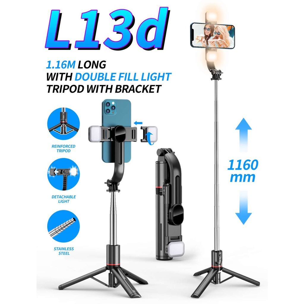 รุ่นไหม่L13Dไม้เซลฟี่ พร้อมรีโมทพร้อมไฟสามารถถอดออกและสลับด้านหน้าด้านหลังได้ กับขาตั้ง งาน สแตนเลสแข็งแรงยืดได้1.16m