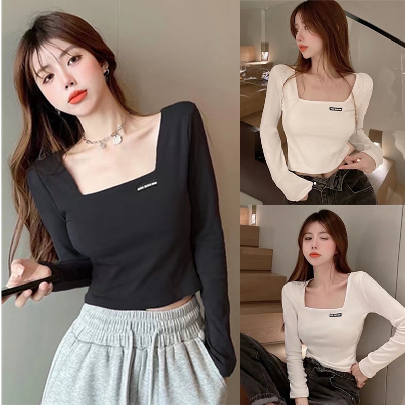 【WJZ】เสื้อยืดคอเหลี่ยมแขนยาวสไตล์เกาหลีสำหรับผู้หญิง【6855】