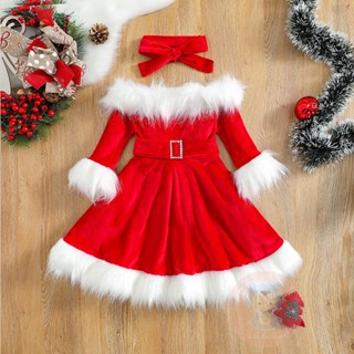 LAA6-Baby Girl Christmas Clothes Set, Faux Fur Patchwork Long Sleeve Off Shoulder A-Line Dress with Belt + Bow Headband