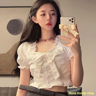 🍀สปอตด่วน🌹เสื้อเชิ้ตแขนสั้นผู้หญิงคอเหลี่ยมแขนพัฟสีขาว
