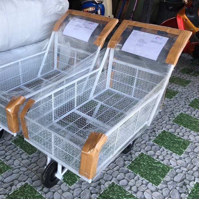 (รุ่นตะแกรง2ชั้น)รถเข็น 3ล้อโครงเหล็กสีขาว (ขนาด 8ปี๊บ 50x100cm)-ล้อไนล่อนแข็ง ล้อต้น สีดำ/ล้อแม็กซ์ ยางตัน(เลือกได้)