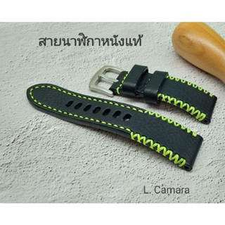 สายนาฬิกาหนังแท้ หนังฟอกฝาดอิตาลี สีดำ ตกแต่งด้ายสีเขียวตองอ่อน Watch Straps Leather แถม! สปริงบาร์ 1 คู่่ (ผลิตในไทย)