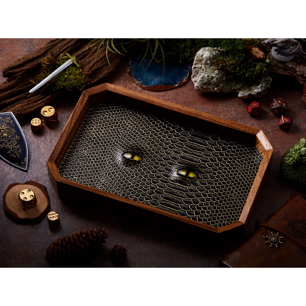 BEHOLDER Dice Tray | Black Gold Leather & Green eye | Octagon Dice Tray | Faux Leather | RPG Dice Tr