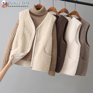 PS Women Fleece Vest Fashion Loose Solid Color Warm Waistcoat Loose Cardigan Tops With Pocket