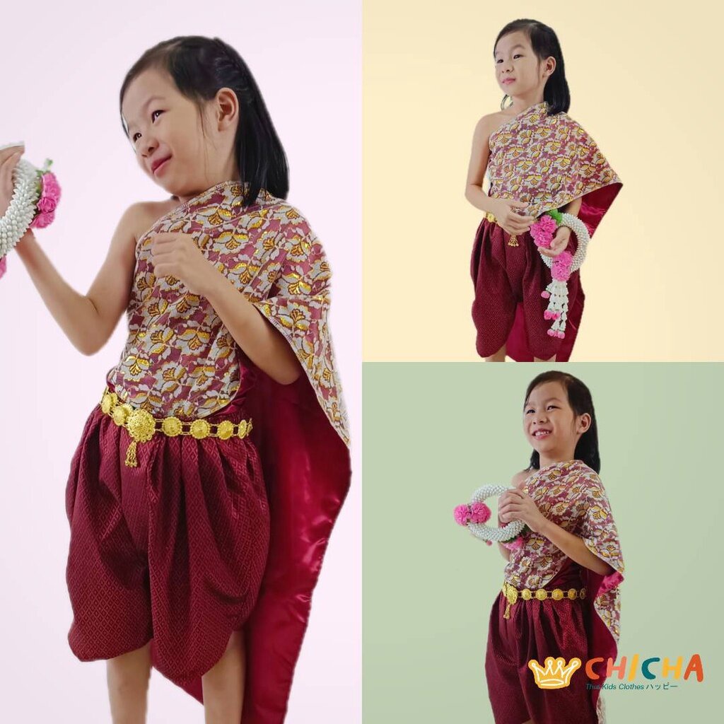 ชุดไทยเด็กผู้หญิง ชุดสไบปักลูกไม้ รุ่น "อิ่มเอม" แดงชาด 🌺 2-6 ขวบ โจงกระเบน + สไบ 🎀 ชุดไทยเด็กอนุบาล chicha x isancult