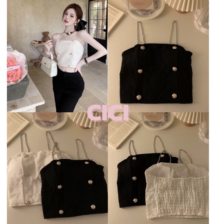 ส่งทันที Cici ❣🇹🇭🚚พร้อมส่ง❣(3037)เกาะอกผ้าทวิตสายโซ่แต่งกระดุมหน้า(มีฟองน้ำ)หลังสม็อคเรียบหรูดูแพงเวอร์ผ้าคือคุณหนูสุดๆ