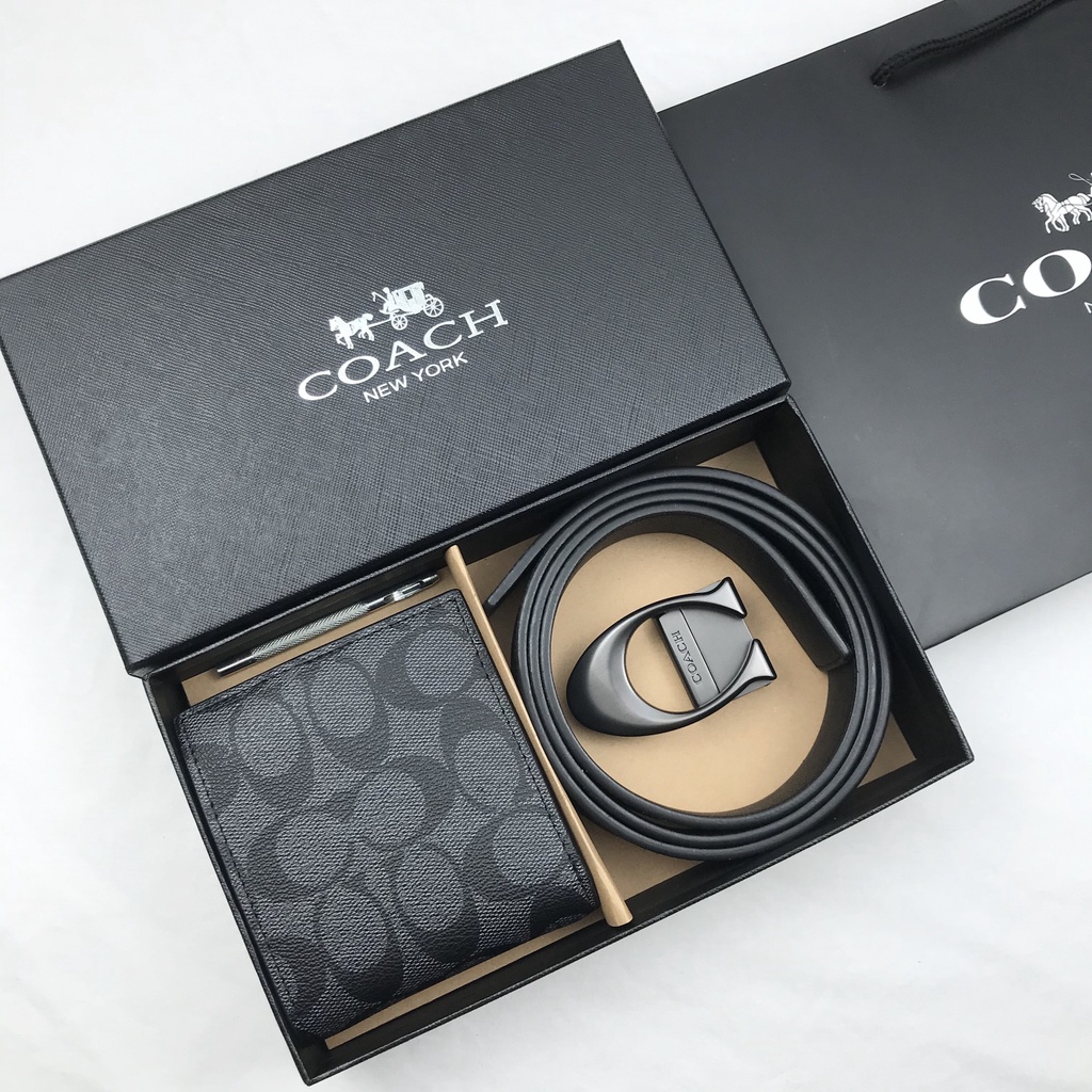 แท้ % COACH เข็มขัดผู้ชาย (เข็มขัด + กระเป๋าสตางค์) เข็มขัดหนัง