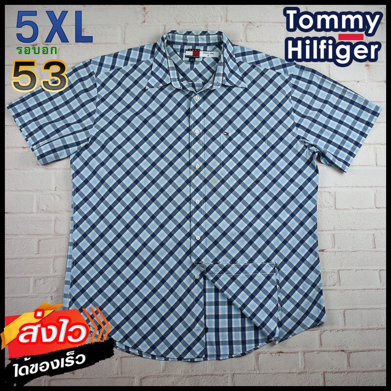 Tommy Hilfiger®แท้ อก 53 ไซส์ 5XL เสื้อเชิ้ตผู้ชาย ทอมมี่ ฮิลฟิกเกอร์ สีฟ้ากรม แขนสั้น เสื้อใส่เที่ยวใส่ทำงาน