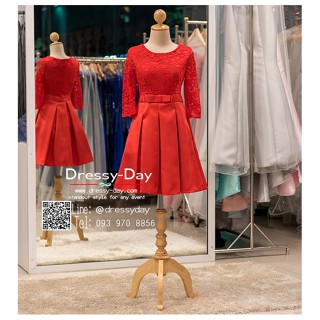 ชุดราตรีสั้นมีแขน ชุดแซก ชุดราตรีแดง ผ้าลูกไม้สวยหวาน ใส่งานแต่งงาน BB066-RED