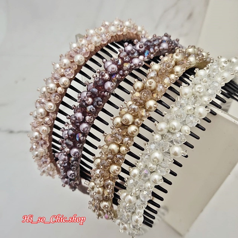 HisoChic ที่คาดผม คาดผม แนวหวานหรู ใส่ออกงาน ตกแต่งด้วยลูกปัดมุก+เม็ดคริสตัล (ราคาต่อชิ้น)