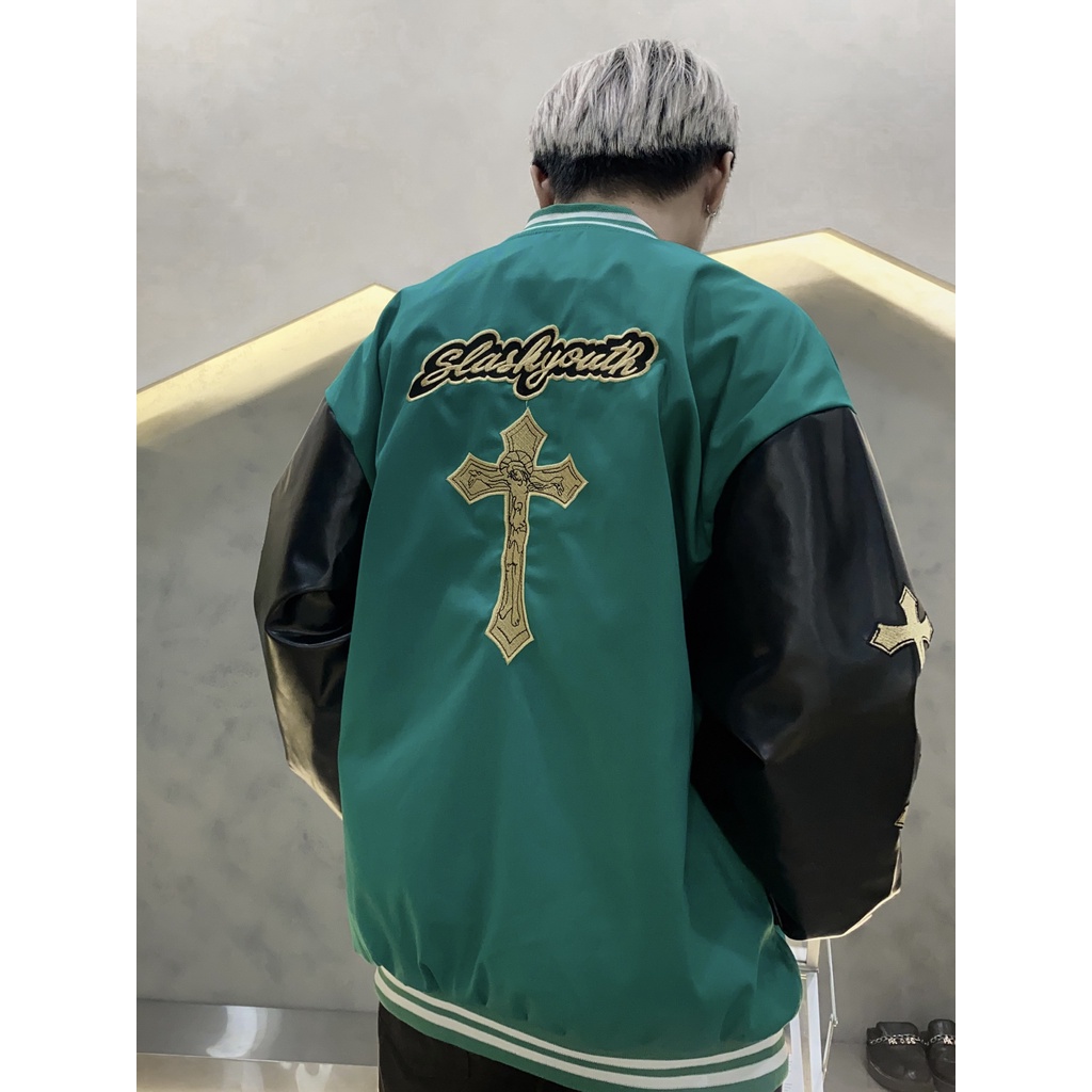 Bomber Varsity Khaki Jacket หนังมือเย็บปักถักร้อยรูปแบบ Unisex ผู้ชายและผู้หญิง