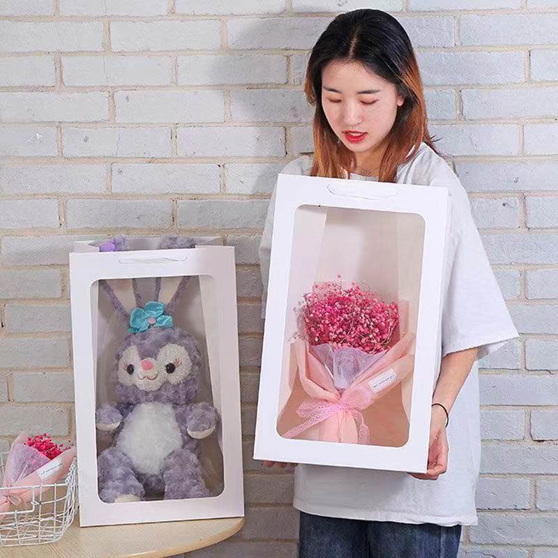 EPA ถุงกระดาษหน้าใสมีป้ายห้อย สีขาว ใส่ตุ๊กตา ใส่ดอกไม้โชว์ ขนาดใหญ่มาก25*20*43cm