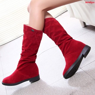 Nubuck รองเท้าบูท ส้นแบน สีพื้น ให้ความอบอุ่น แฟชั่นฤดูหนาว สําหรับผู้หญิง 3 สี