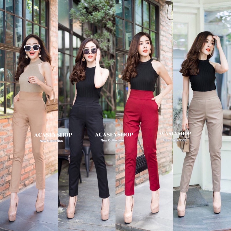 Acasey กางเกงขายาวผู้หญิง 9ส่วนขอบใหญ่เก็บทรง ซิปข้างเอวสูงปรี้ดผ้าดับเบิ้ลชาตินตัดเย็บปราณีต