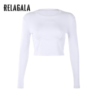 Relagala เสื้อยืด คอกลม แขนยาว สีพื้น ทรงสลิม แฟชั่นสําหรับผู้หญิง