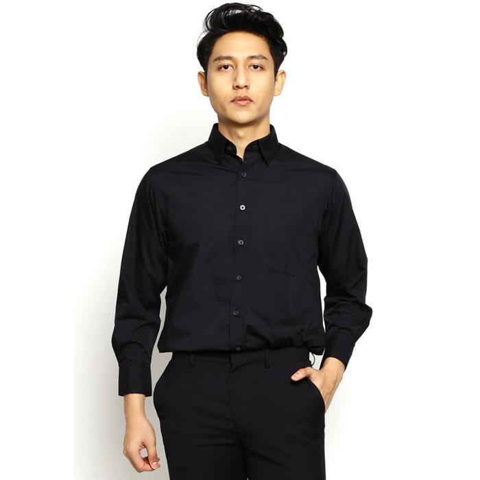 KEMEJA VALINO เสื้อเชิ้ตผู้ชาย BLACK MENS LONG-SLEEVED SHIRT - V-XXBC01-B1 - 16 JUMBO PLAIN PREMIUM 
