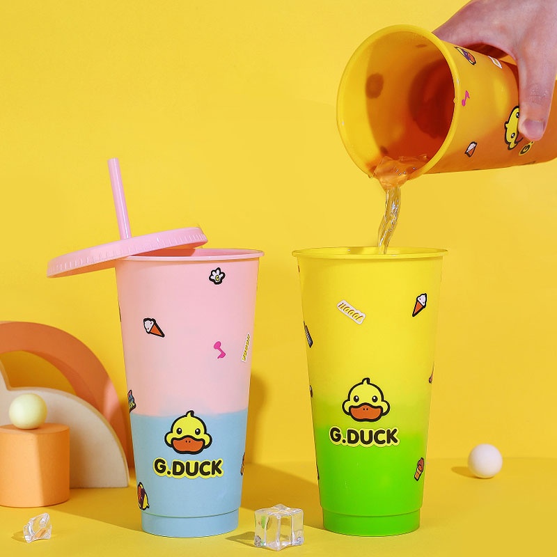 แก้วกาแฟพลาสติก G.DUCK  เปลี่ยนสีได้ พร้อมหลอดดูด ใช้ซ้ําได้ 750 มล. ถ้วยฉนวนความร้อนเปลี่ยนสี(903)