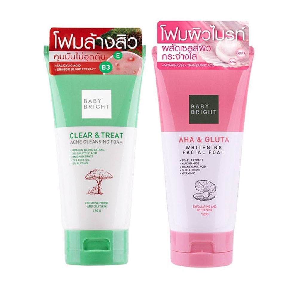 เบบี้ไบร์ทโฟมล้างหน้า 120g มี 2 สูตร Clear Treat Acne Cleansing Foam / A.H.A & GLUTA